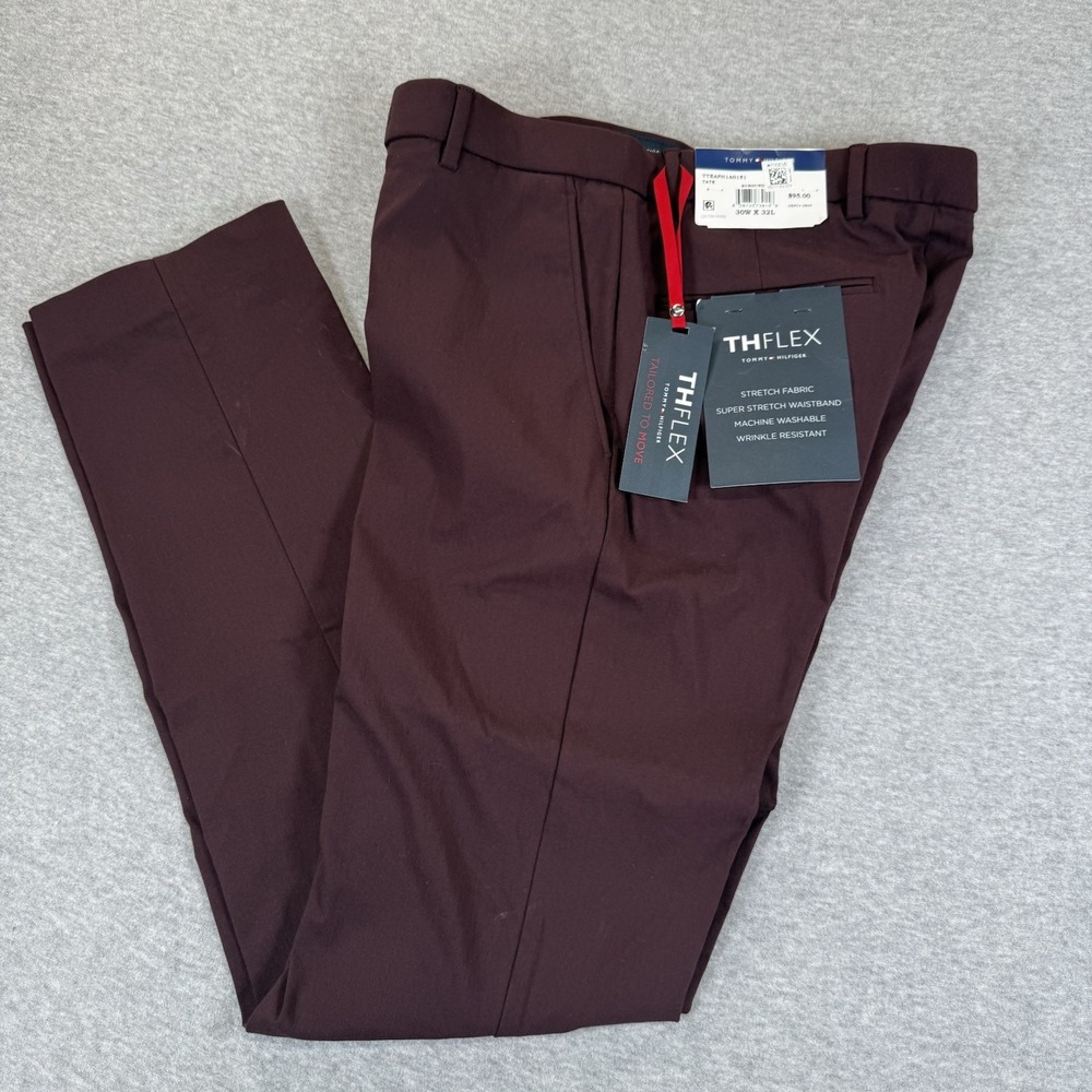 Tommy Hilfiger Men THFlex Pants Burgundy Red 30x32 TTEAPH1A0151 Flat Front